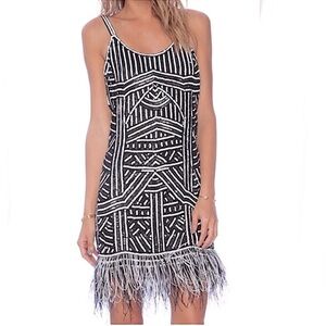 Parker 100% Silk Black and White Sequined 1920's Flapper Gatsby Feathered Dress